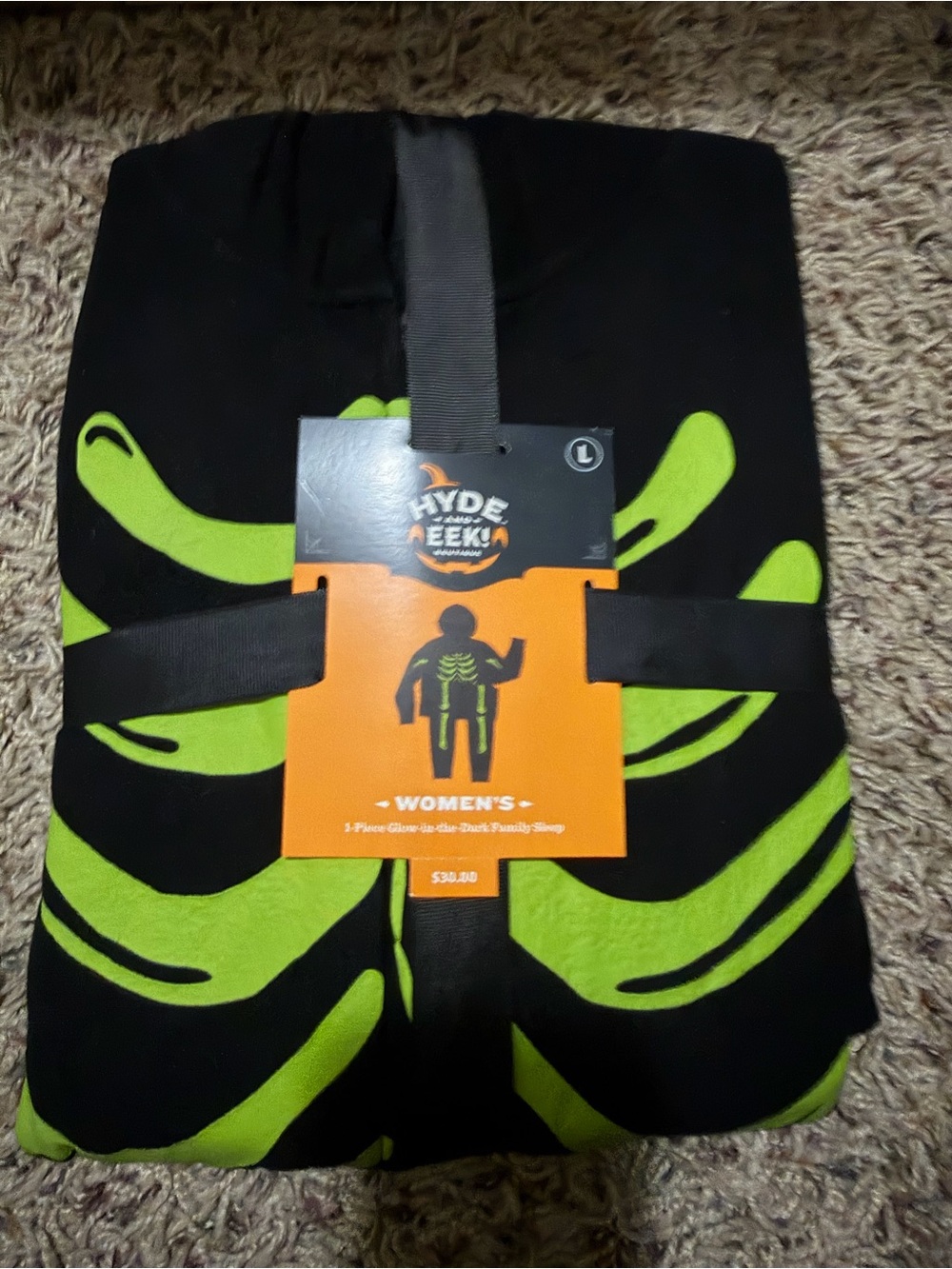 Womenβs Black Onesie with Neon Green Skeleton Print